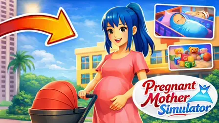 happy anime-style pregnant mother with bright blue hair in a ponytail, wearing a pink dress, pushing a red stroller in front of a sunny residential building. Two small inset pictures on the right display a sleeping baby wrapped in a blue blanket inside a wooden crib, and colorful alphabet toy blocks with a teddy bear.