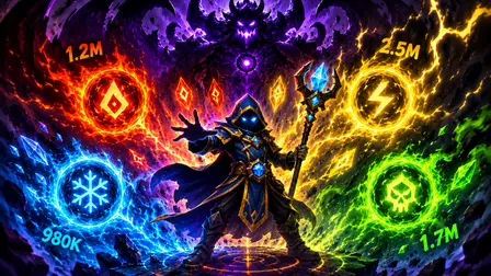 Rune Reactor.webp game banner showing a hooded wizard with glowing blue eyes holding a magical staff, surrounded by vibrant elemental rune circles for fire, ice, lightning, and poison beneath a dark purple demon lord silhouette.