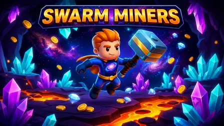 SWARM MINERS.webp game banner showing a cartoon chibi boy with spiky orange hair wearing a blue space-themed suit with a galaxy pattern on the chest, leaping forward while holding a glowing blue and gold futuristic hammer, set against a dark cave background filled with glowing purple and blue crystals, running lava on the floor, and floating gold coins under a starry sky.