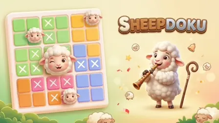 Sheepdoku game banner showing a wooden logic grid filled with cartoon sheep heads and white X marks next to a fluffy sheep playing a flute