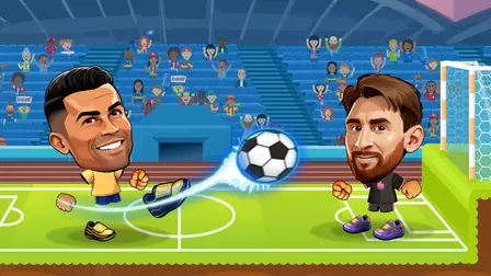 Soccer Legends 2026.webp game banner showing big-headed cartoon soccer caricatures of Cristiano Ronaldo kicking a glowing soccer ball and Lionel Messi defending a small goal in a crowded stadium.