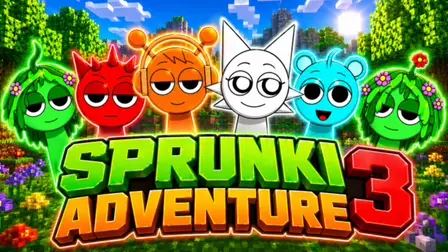 Sprunki Adventure 3.webp game banner showing six colorful cartoon characters, including green, red, orange, white, and blue variants, standing together against a sunny Minecraft-style forest background.