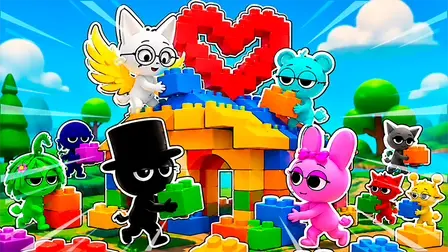 Sprunki World Online RP game banner featuring a colorful cast of cartoon Sprunki characters building a toy block house outdoors on a green grass field under a bright blue sky. In the center, a black Sprunki character wearing a top hat holds a green block next to a pink bunny character holding a blue block. Atop the yellow and blue block house, a white winged Sprunki with glasses and a cyan bear place red blocks onto a giant red block heart shape.