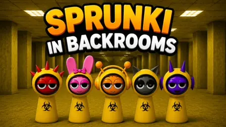 Sprunki in Backrooms.webp game banner showing five stylized yellow bowling-pin-shaped characters with black biohazard symbols and unique heads—including red spikes, pink bunny ears, orange headphones, black cat ears, and purple devil horns—standing in an empty yellow corridor under the title text.