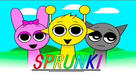 Sprunki.webp game banner showing three cartoon characters standing side-by-side against a background of green hills and a bright blue sky with light clouds. On the left is a pink character with long bunny ears and a pink bow; in the center is a bright yellow circular character with two thin antennae ending in spheres; on the right is a gray cat-like character with a bored expression. The bottom features the word "SPRUNKI" in bold, rainbow-colored capital letters over a black underline.