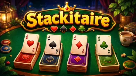 Stackitaire.webp game banner showing four neat stacks of playing cards topped with the Aces of Hearts, Spades, Diamonds, and Clubs on a green felt casino table under a golden crown logo.