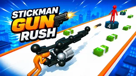Stickman Gun Rush.webp game banner showing an orange 3D stickman running down a highway track pushing a massive gun made of interlocking black and white stickmen, targeting a red stickman enemy ahead amidst green cash bundles.