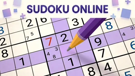 Sudoku Online.webp game banner showing a close-up view of a 9x9 mathematical grid layout with a purple pencil filling numbers into light purple highlighted rows.