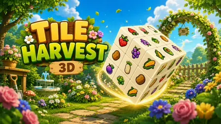 Tile Harvest 3D.webp game banner showing a large 3D puzzle cube covered in fruit and vegetable tiles floating over a beautiful sunny garden path.