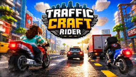 Traffic Craft Rider game banner showing a third-person view of a blocky voxel character with wavy brown hair in a teal-and-white striped shirt riding a red motorcycle down a busy city street. Another voxel biker in a black jacket rides a blue motorcycle on the right, dodging a police car and a red delivery truck under a bright blue sky with blocky clouds, beneath the bold metallic title text "TRAFFIC CRAFT RIDER".