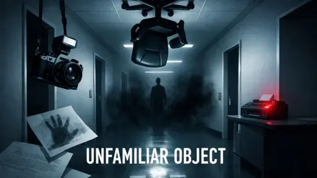 Unfamiliar Object.webp game banner showing a dark, spooky office corridor under flickering lights with a black office chair attached upside down to the ceiling, a shadowy figure standing in thick black smoke at the far end, a camera floating on the left, and a glowing red fax machine on a desk.