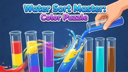 Water Sort Master Color Puzzle.webp game banner showing a cartoon hand pouring bright blue liquid from a glass test tube into another tilted tube, surrounded by multiple vials filled with layers of red, yellow, purple, orange, and brown fluids.