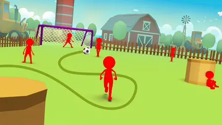 Wonder Goal Fun Football Kick.webp game banner showing red stickman defenders on a green grass field with a soccer ball rolling toward a purple goal post in a farm environment.