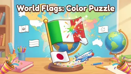 World Flags: Color Puzzle game banner featuring a hand painting an Italian flag on a desk with a world map, a globe, and a toy airplane.