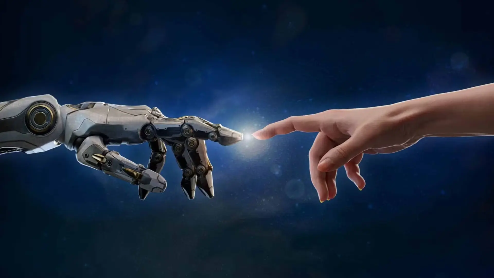 Robota metāliskā roka un cilvēka roka sniedzas viena pret otru uz tumši zila kosmiskā fona, to pirkstu galiem gandrīz saskaroties pie neliela gaismas uzliesmojuma.