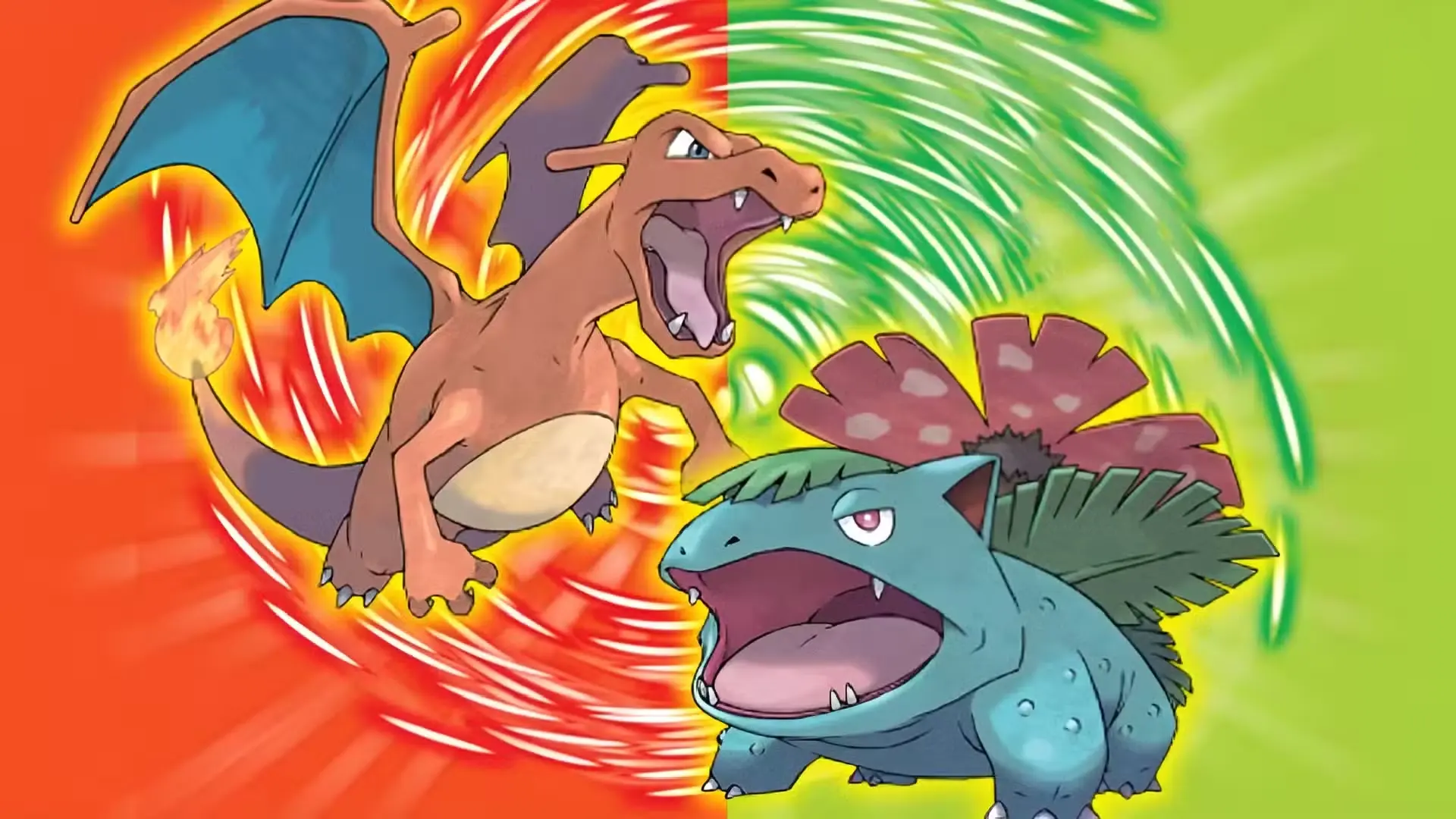Uguns tipa pokemons Charizard ar atvērtu muti un spārniem lidojumā cīnās pret zāles tipa pokemonu Venusaur uz divkrāsaina oranža un zaļa fona.
