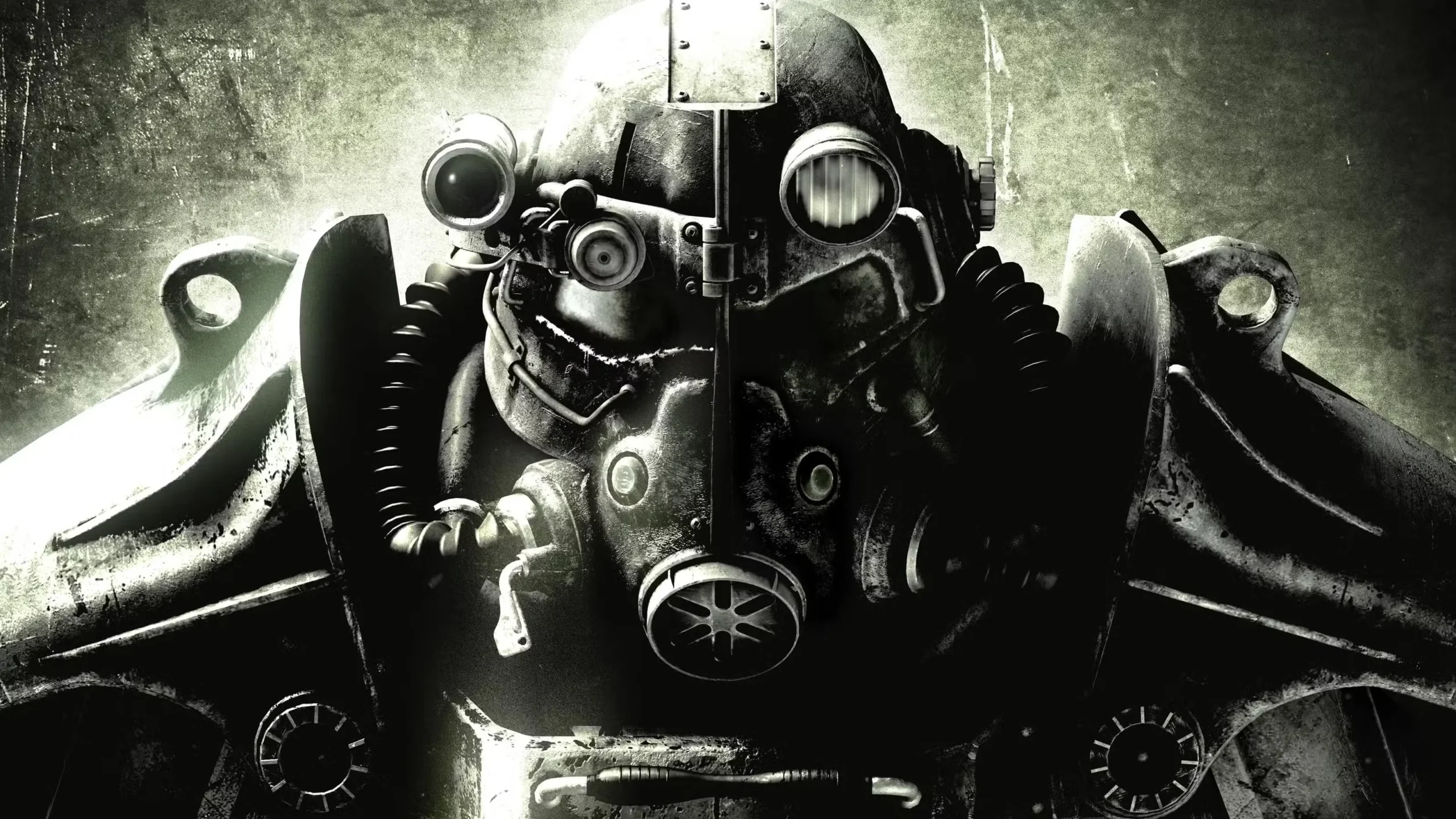 Tuvplānā melnbaltā un graudainā retro stilā attēlota ikoniskā Fallout spēļu sērijas Power Armor tērauda aizsargķivere ar lieliem objektīviem acīs un elpošanas filtriem.