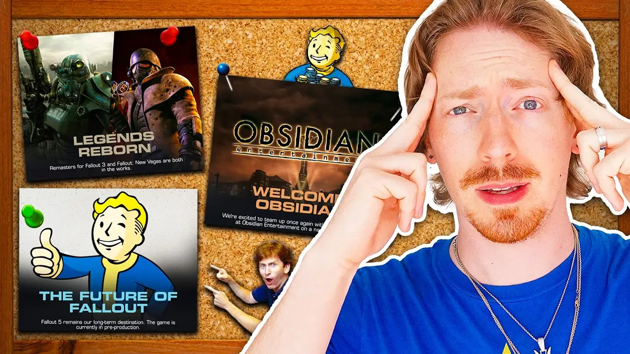 Satura veidotājs ar rudiem matiem un bārdu domīgi pieskaras saviem deniņiem, stāvot pie korķa tāfeles, kurai piesprausti dažādi ar Fallout un Obsidian Entertainment saistīti spēļu attēli un baumu paziņojumi.