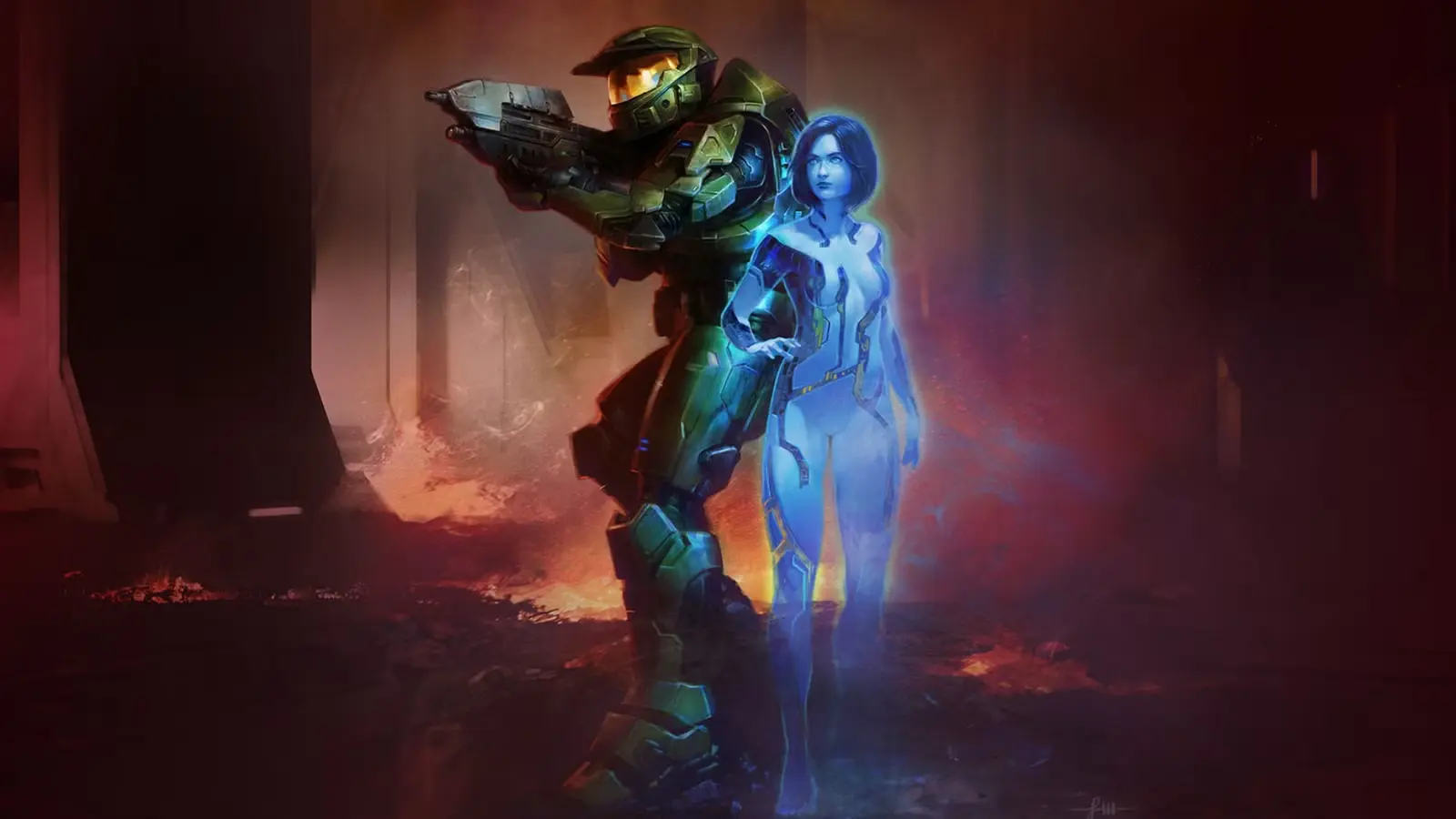 Zaļās bruņās tērpts kareivis Master Chief ar ieroci rokās stāv blakus zilai hologrāfiskai sievietei Cortanai uz tumša fona.