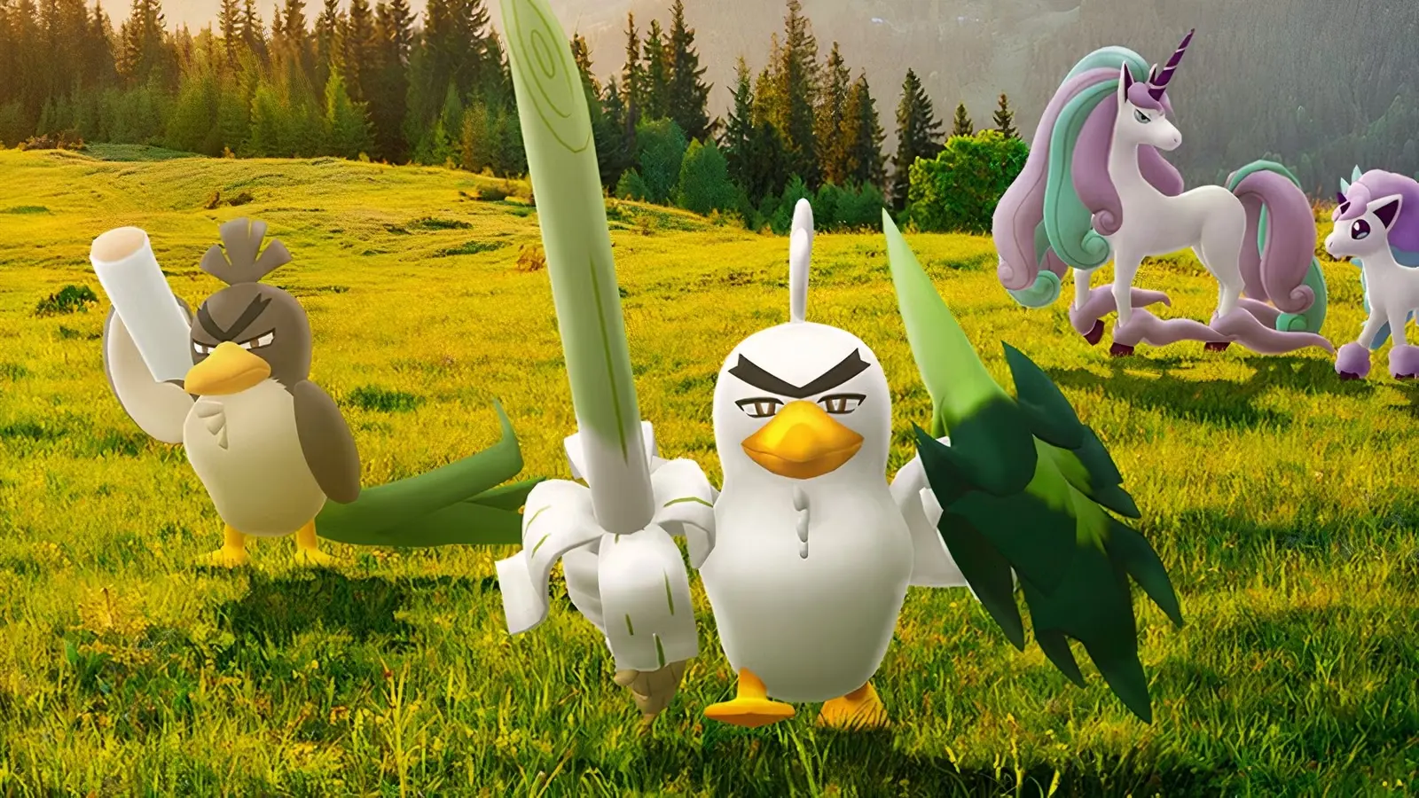 Pokemon GO spēles kadrs dabā. Priekšplānā redzams Sirfetch'd un Farfetch'd ar puraviem rokās. Fonā redzami Galarian Ponyta un Rapidash uz zāļaina lauka ar mežu.