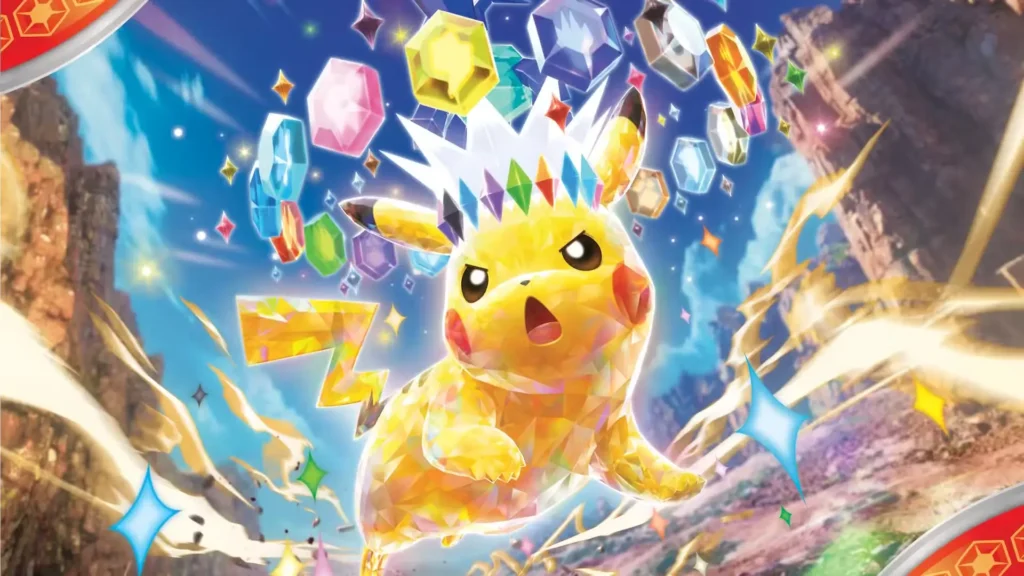 Krāšņs zīmējums ar dzelteno Pokemonu Pikāčū, kuram galvā ir liels, mirdzošs kristāla kronis, un ap viņu gaisā lido dažādu krāsu dārgakmeņi un kristāli.