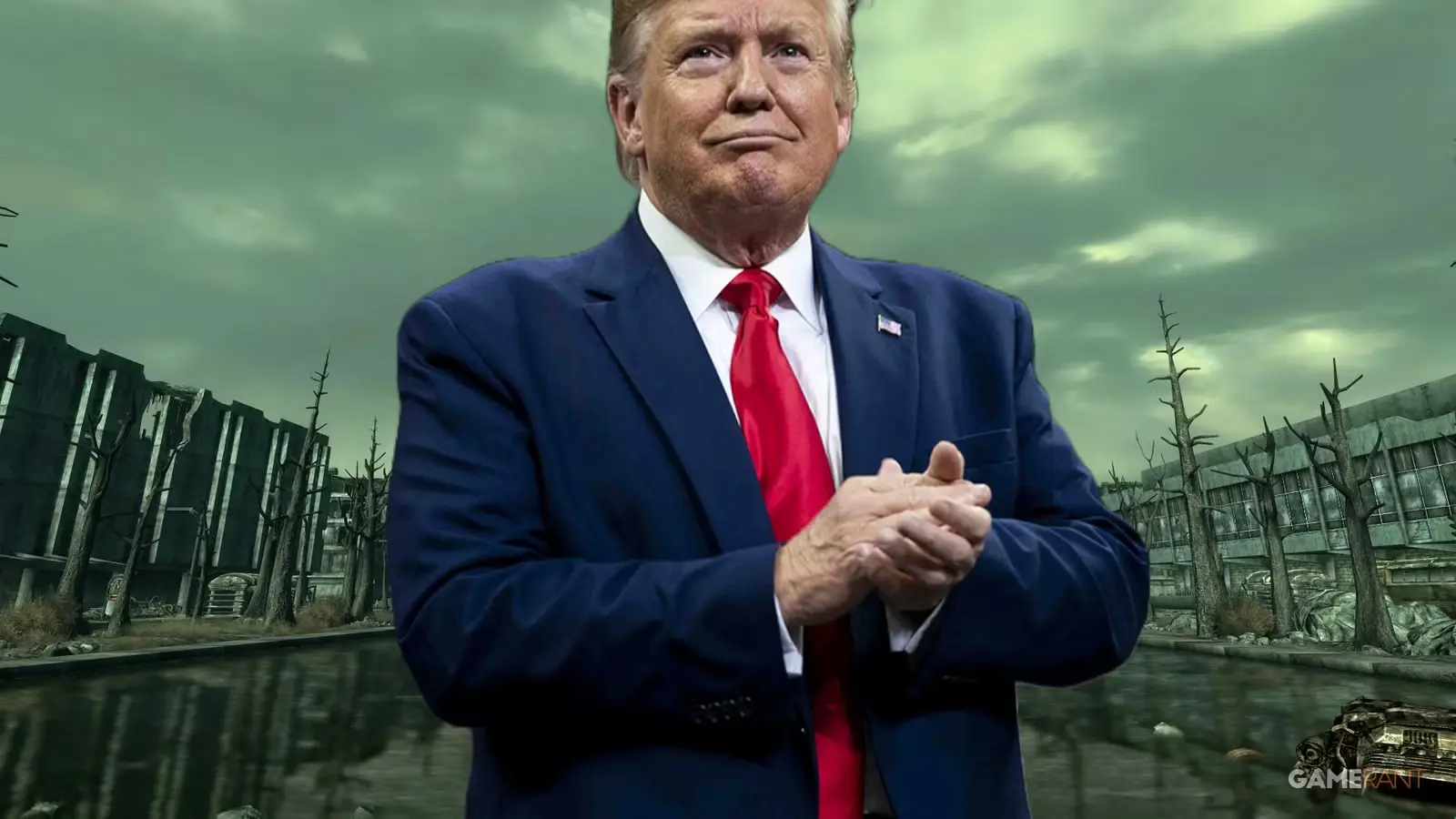Donalds Tramps uzvalkā un sarkanā kaklasaitē saliek plaukstas kopā uz pēcapokaliptiskas pilsētas drupas un zaļganu, apmākušos debesu fona.