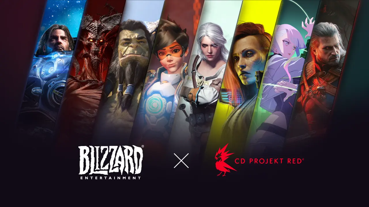 Grafika ar uzrakstiem Blizzard Entertainment x CD PROJEKT RED. Fonā redzami populāri tēli no abu studiju spēlēm, tostarp Diablo, Ciri, V, Tracere un Rīvijas Geralts