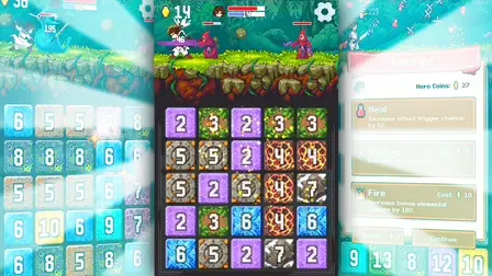 2248 Merge & Slash puzzle RPG game banner showing a pixel art hero swinging a sword at red-robed monsters and blue ghosts above a vibrant grid of numbered tiles featuring fire, ice, and nature elements, alongside a level-up upgrade menu