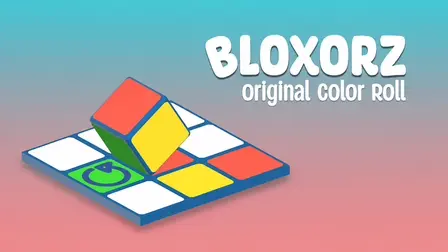 Bloxorz Color Block Roll puzzle game banner showing a 3D cube with red, yellow, and green faces tipping over onto a grid of white, red, and yellow square tiles, with one green tile featuring a circular refresh arrow, all set against a smooth cyan and pink gradient background.