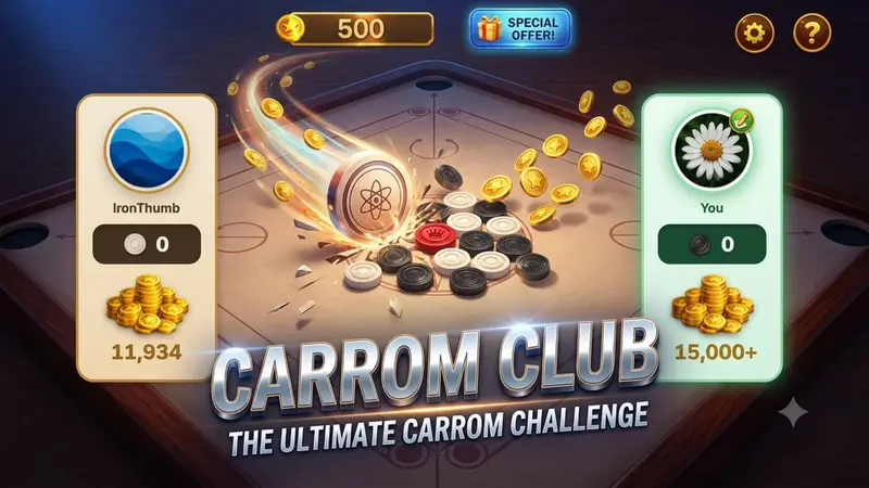 Carrom Club Board Game banner showing a wooden carrom board with white, black, and red queen coins scattered in the center. A glowing metallic striker breaks the stack with flying golden coins around player profiles named IronThumb and You, beneath the title text "CARROM CLUB THE ULTIMATE CARROM CHALLENGE".