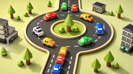 Circle Car game board showing a 3D roundabout with a line of colorful toy-like cars waiting to merge into a busy traffic loop populated by red, green, yellow, and blue vehicles alongside a white police car, surrounded by low-poly green trees and grey city buildings.