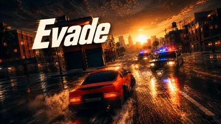 Evade Police Chase Game banner showing an orange muscle car speeding away along a wet, reflective city asphalt street at sunset, pursued by police cars with flashing red and blue siren lights under the bold white title text "Evade".