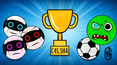 Football Robots vs Zombies Game banner set against a blue sunburst background, featuring a golden trophy sitting next to three round robot heads with glowing cyan, red, and purple eyes, a green zombie head with a missing eye, and a classic black-and-white football.