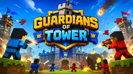 Guardians of Tower Strategy Game banner showing a medieval voxel stone castle under siege with blue-suited soldiers on the left shooting across at red-suited enemy soldiers on the right amid falling meteors and flying arrows beneath the bold 3D title text "GUARDIANS OF TOWER