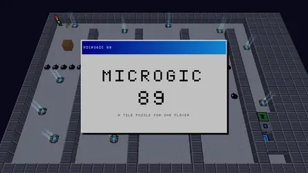 Microgic 89 Retro Puzzle Game banner showing a 3D isometric view of a grey microchip puzzle map filled with data chips, black bombs, and blue glowing teleporters, centered around a light grey dialog card with the title text "MICROGIC 89" and subtitle "A TILE PUZZLE FOR ONE PLAYER".
