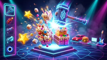 Smash and Break Voxel Game banner featuring a large, glowing blue hammer smashing a multi-layered birthday cake into exploding voxel cubes and yellow stars. On the left side menu, weapon options like dynamite, ray guns, and black holes are displayed, while a red car, burger, laptop, and blue guitar sit in the background under neon stage lights.