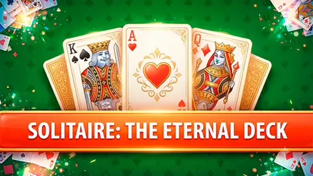 Solitaire The Eternal Deck game banner featuring a green casino felt background with the King of Spades, Ace of Hearts, and Queen of Diamonds cards displayed behind a bright orange banner with the title text "SOLITAIRE: THE ETERNAL DECK"