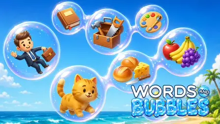 Words and Bubbles puzzle game banner showing a clear blue sky over a tropical beach, with transparent floating bubbles containing a businessman, a book, a wooden toolbox with a saw, an artist's palette, an orange cat, fresh bread with cheese, and a pile of fruit, surrounding the shiny blue title text