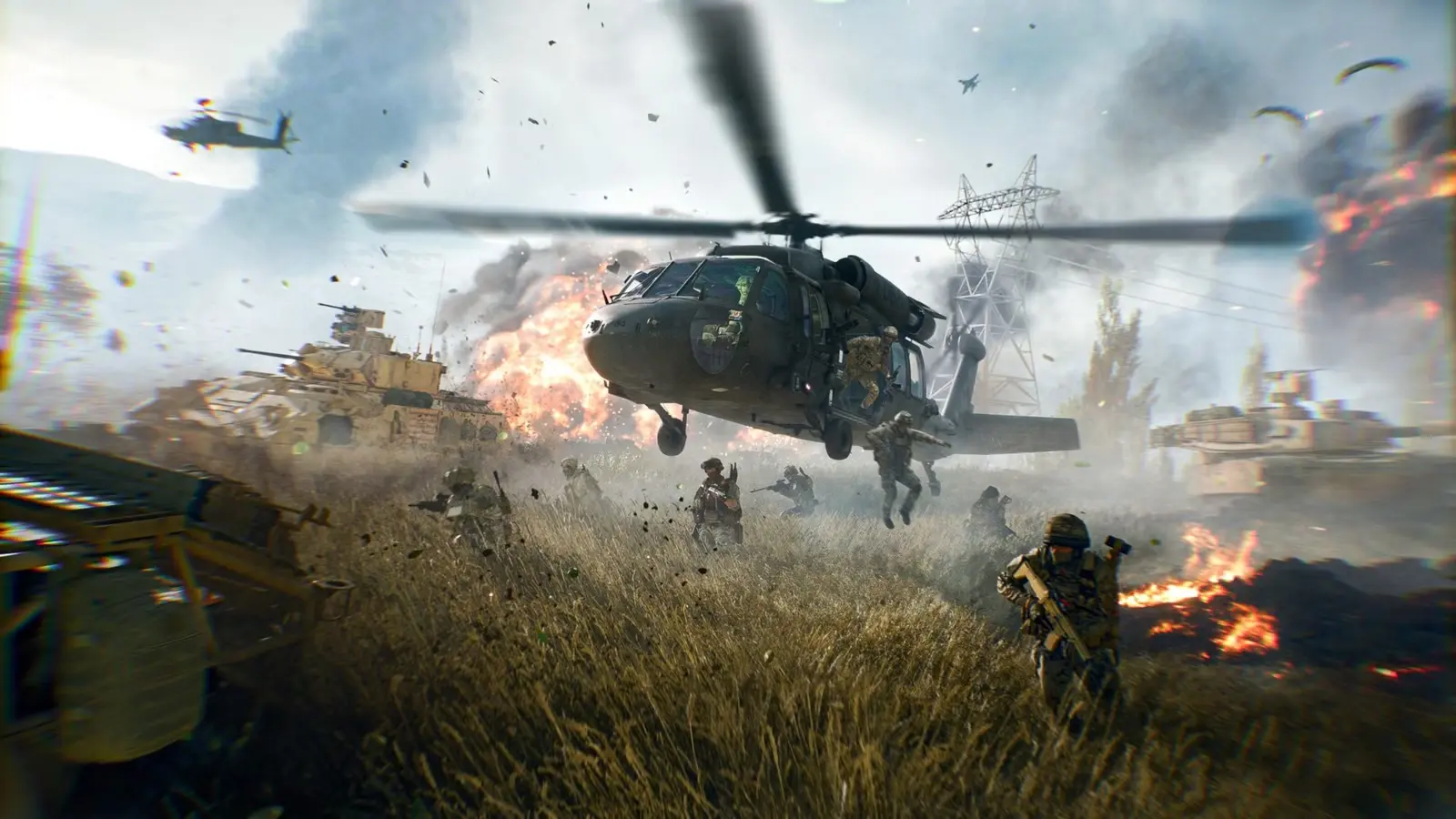 Militārais helikopters piezemējas kaujas laukā starp sprādzieniem un karavīriem spēlē Battlefield 6.