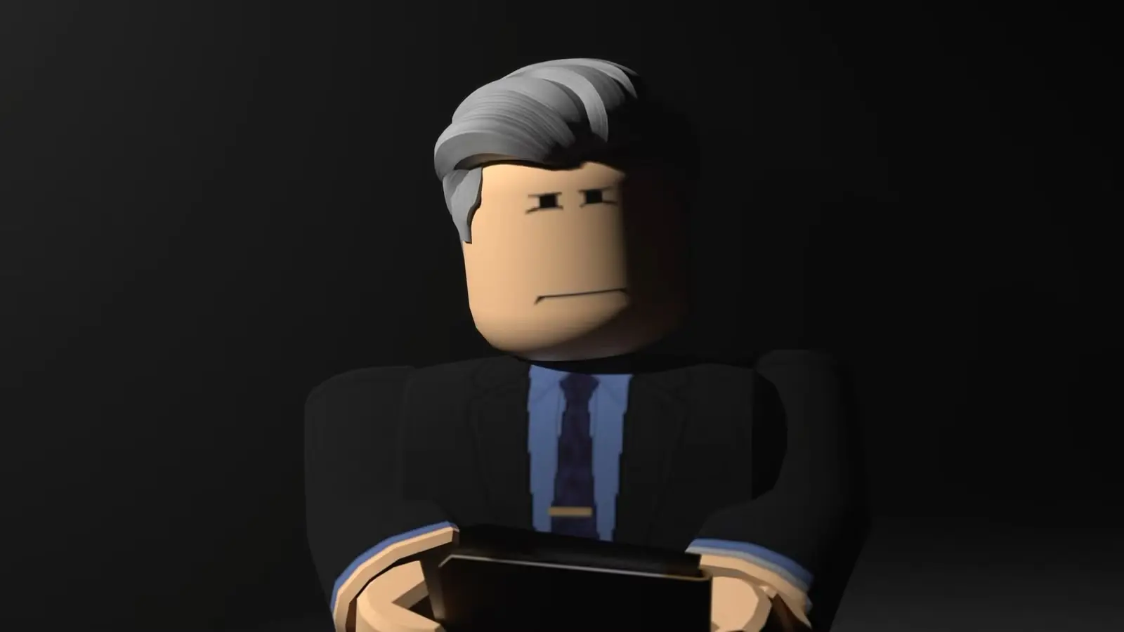 Krisa Hansena Roblox stila tēls uzvalkā un kaklasaitē uz tumša fona.