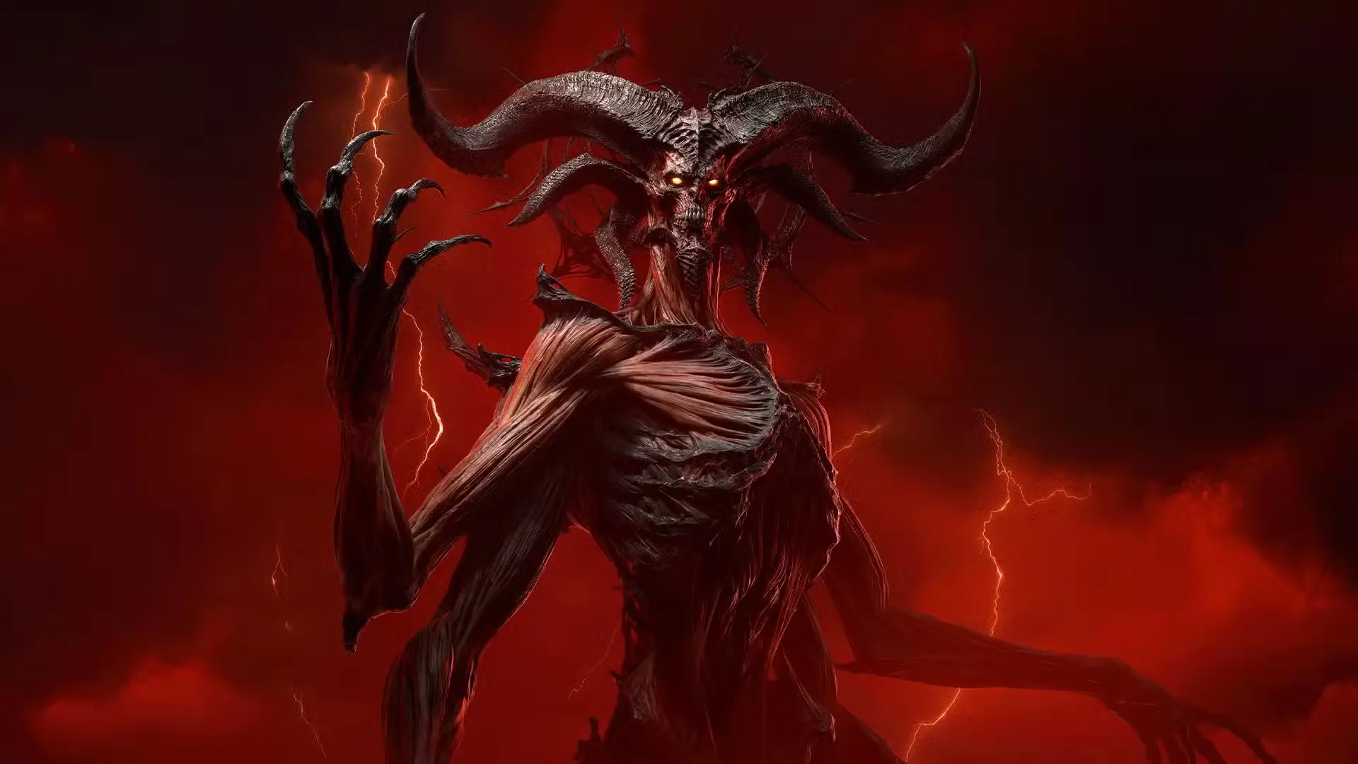 Sarkans un baisais Diablo dēmoniskais tēls ar ragiem uz ugunīga fona.