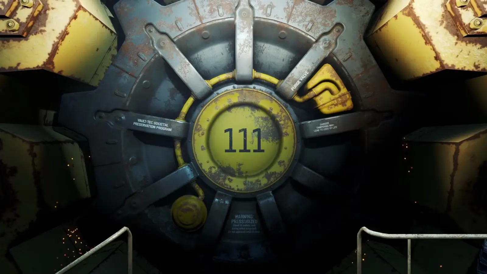 Ikoniskās Vault 111 dzeltenās un metāla patvertnes durvis spēlē Fallout 4.