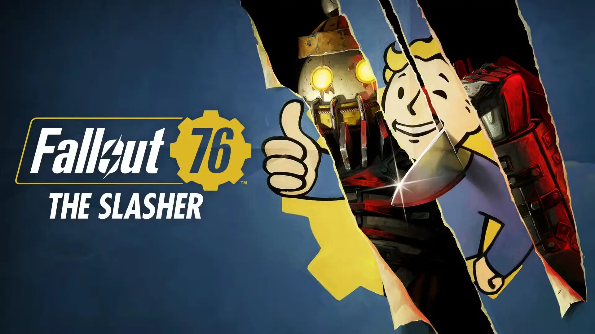 Fallout 76 Vault Boy tēls un noslēpumainais The Slasher briesmonis ar asmeni.