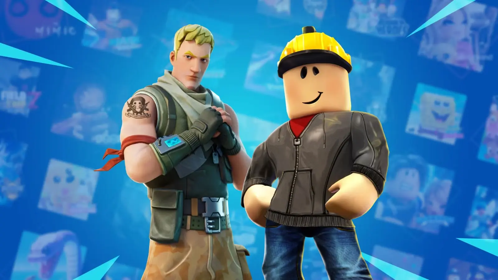 Fortnite varonis Jonesy un Roblox tēls ar dzeltenu celtnieka ķiveri stāv blakus uz zila fona.
