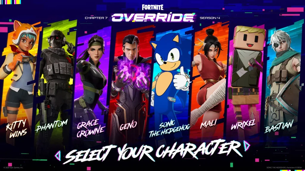 Dažādi populāru videospēļu varoņi, tostarp Sonic un Ryu, skrien uz priekšu krāsainā Fortnite spēles pasaulē