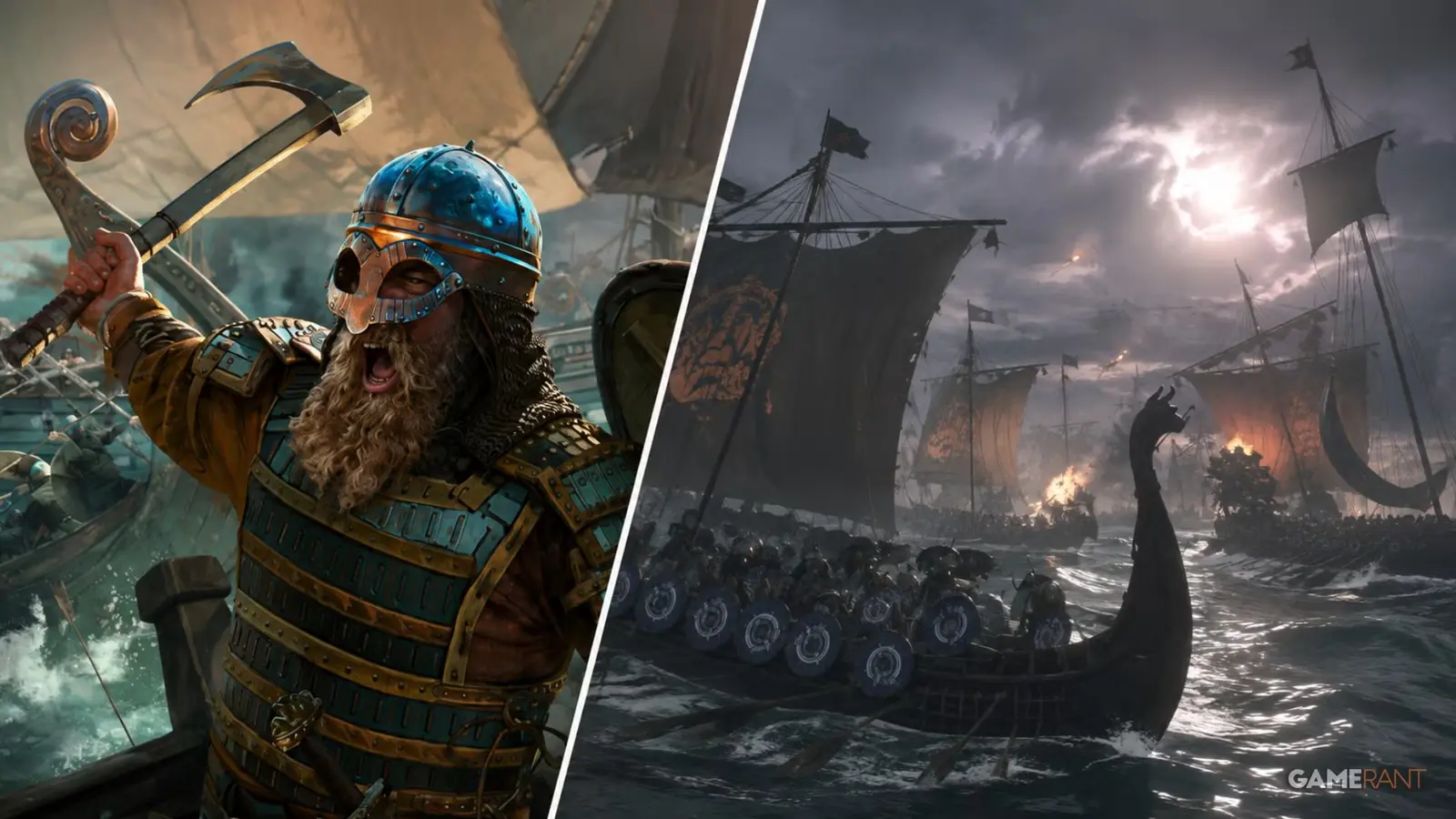 Vikinga karavīrs ar cirvi un kuģu kauja jūrā spēlē Mount & Blade 2 War Sails.