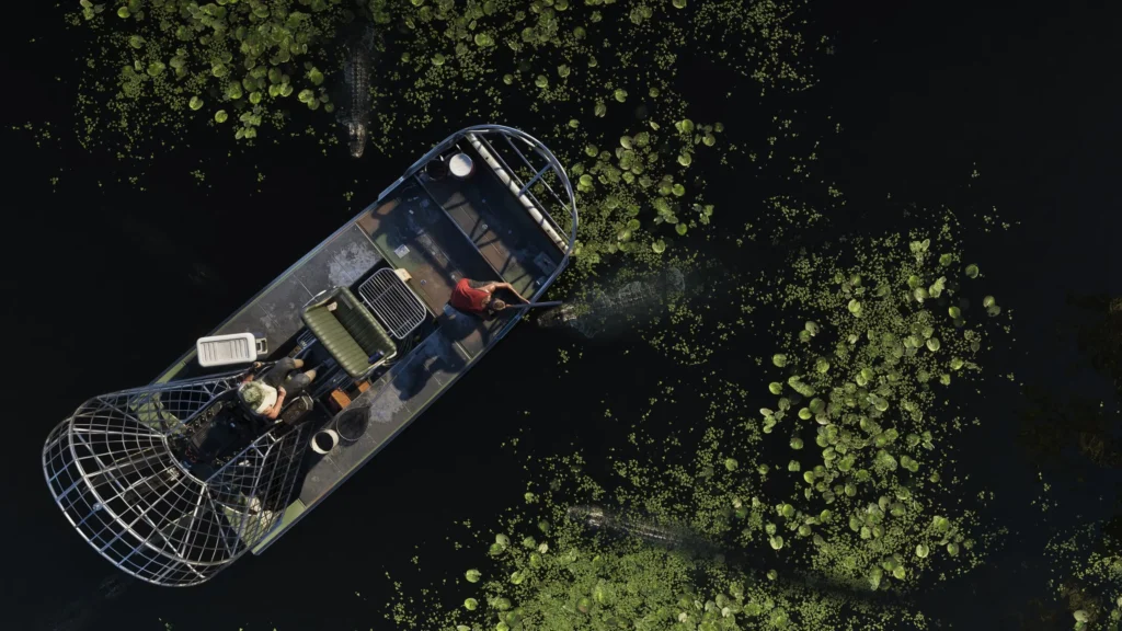 Purva laiva no augšas ar diviem cilvēkiem starp ūdensrozēm un aligatoriem spēlē GTA 6.