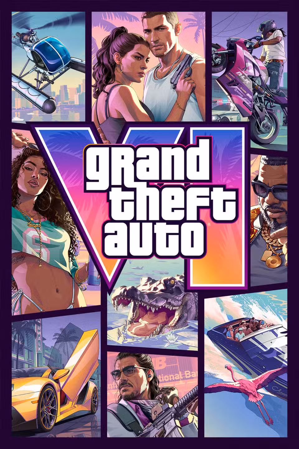 Grand Theft Auto VI oficiālā vāka māksla klasiskā kolāžas stilā, kurā centrā redzami galvenie varoņi Džeisons un Lūsija, ko ieskauj aligators, sārts flamingo un citi Leonidas štata kriminālās un dabas pasaules elementi
