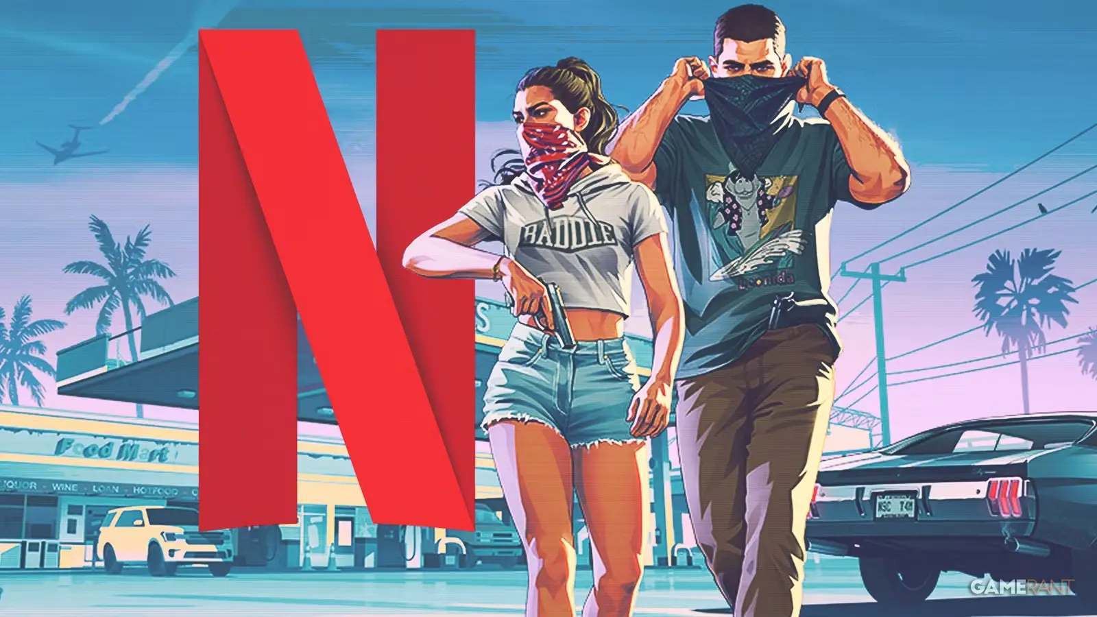 GTA 6 galvenie varoņi Džeisons un Lūcija ar maskām uz sejas blakus sarkanajam Netflix logotipam.