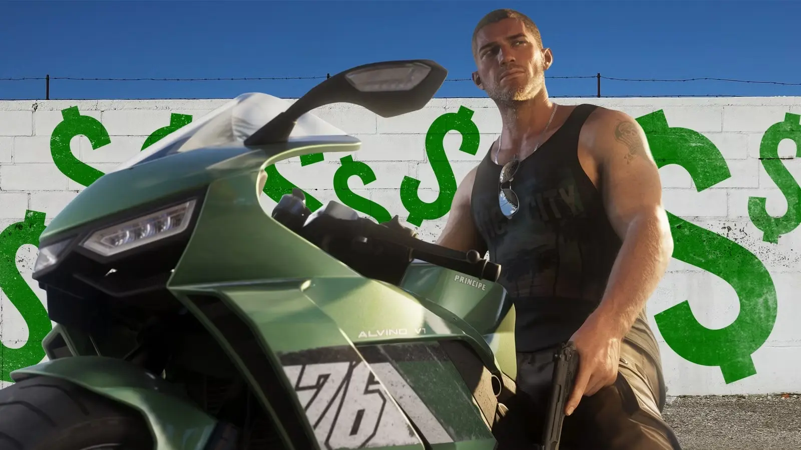 GTA 6 tēls uz zaļa motocikla ar dolāra zīmēm uz sienas fonā.